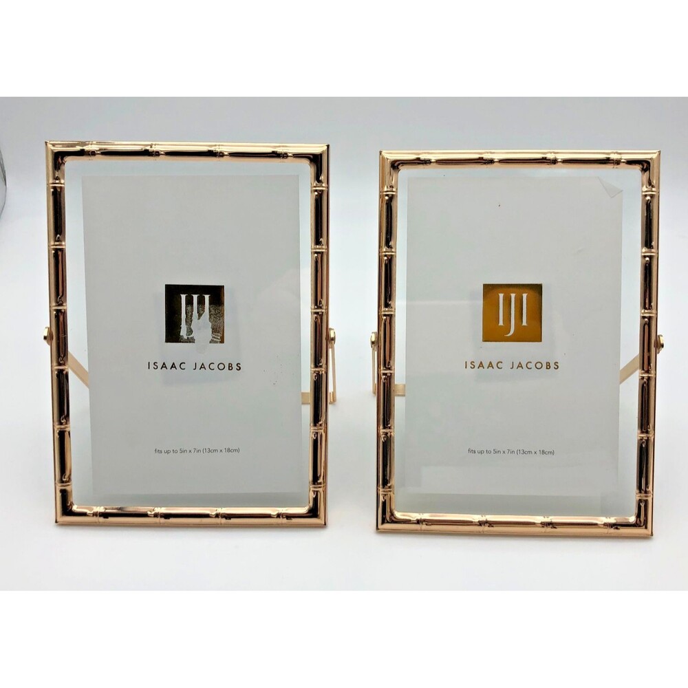 NEW Isaac Jacobs Picture Frame Set of 2 5x7 in Gold Metal Bamboo Free Standing